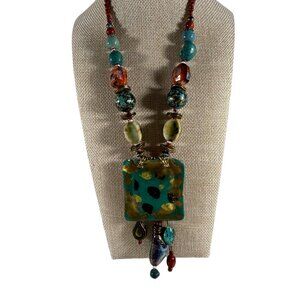 Artisan Boho Painted Gold Tone Pendant Necklace Multicolored Beaded Dangle